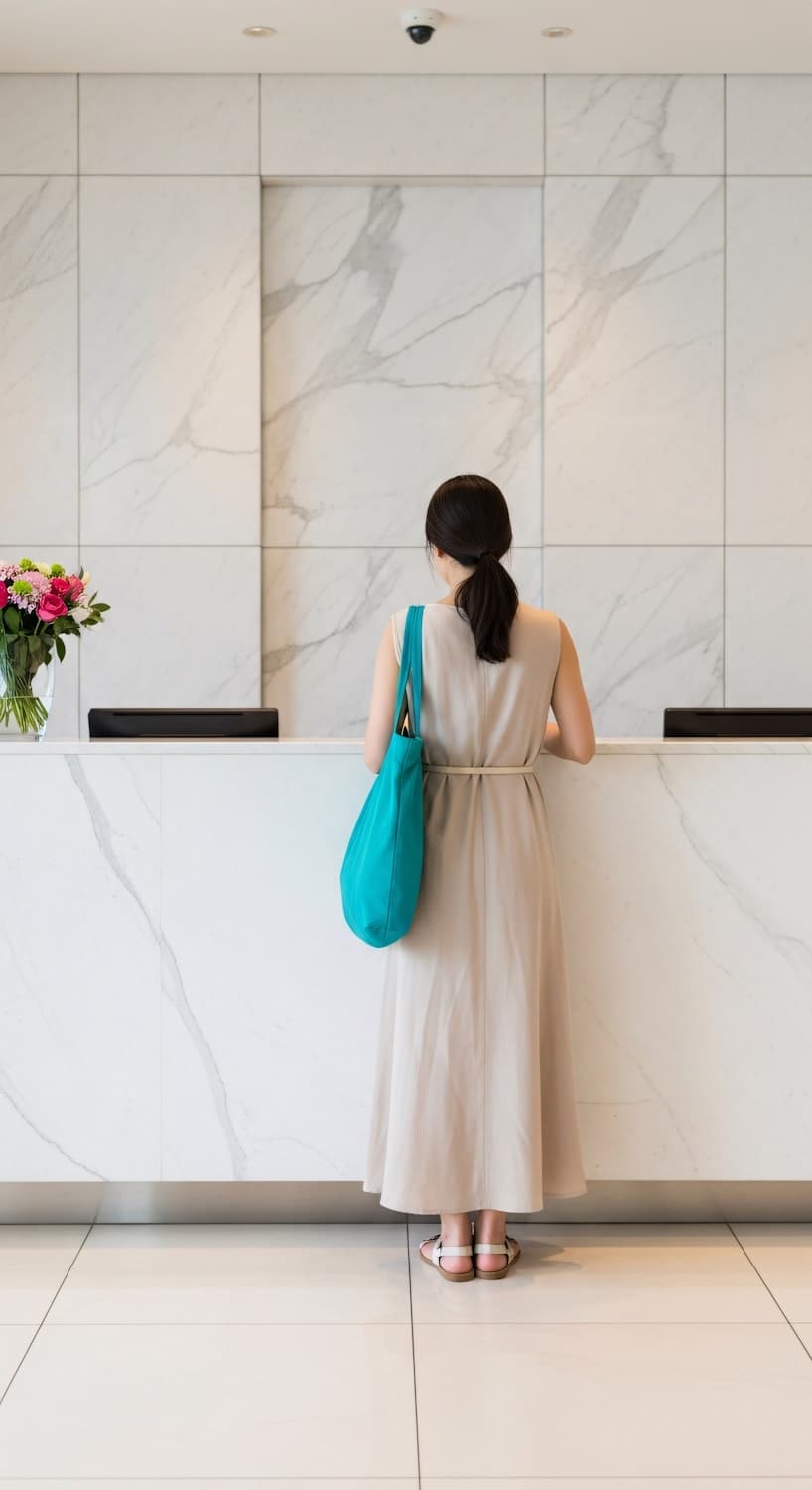 Accueil d’une cliente à la réception du resort