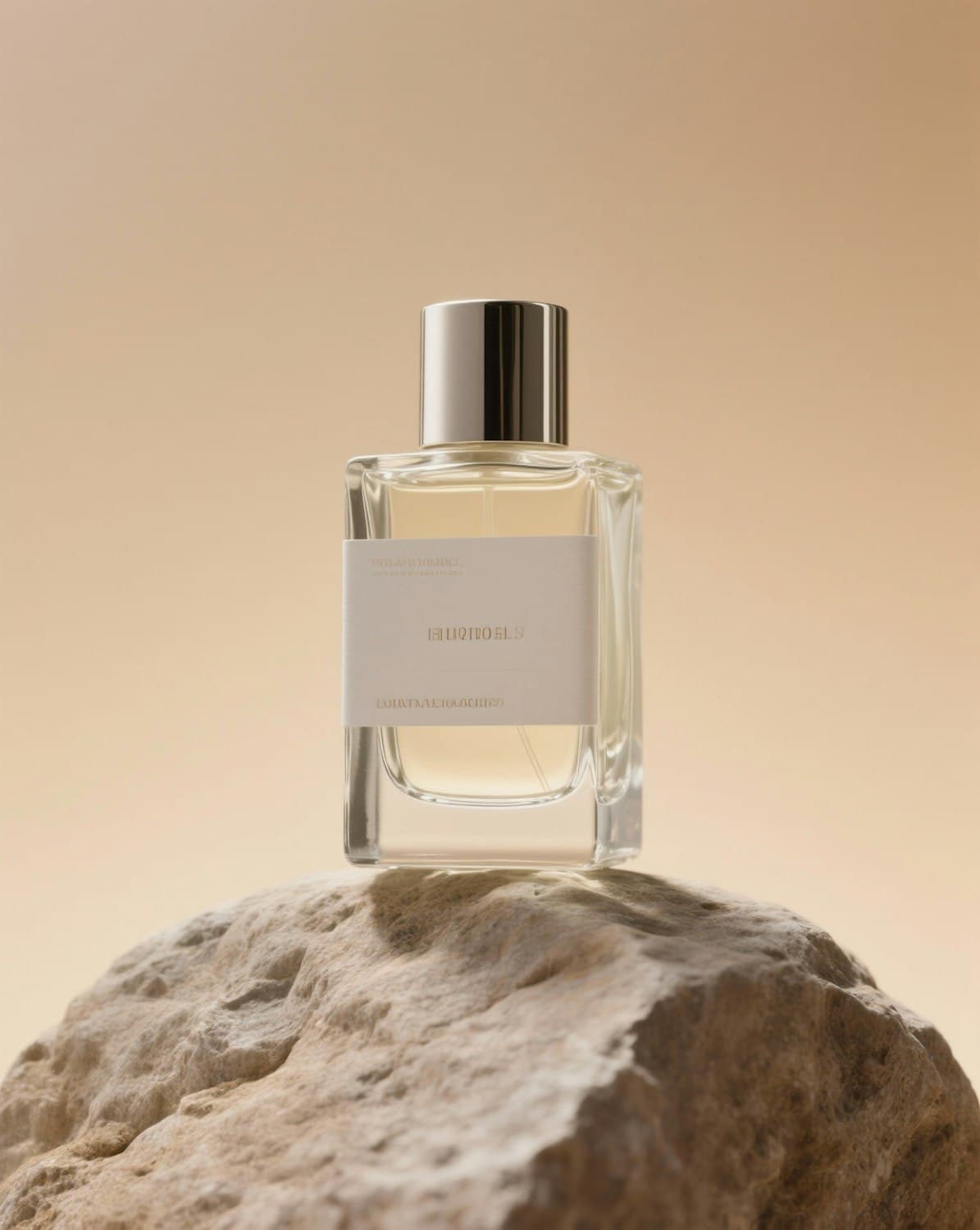 Flacon de parfum de maison posé sur la pierre