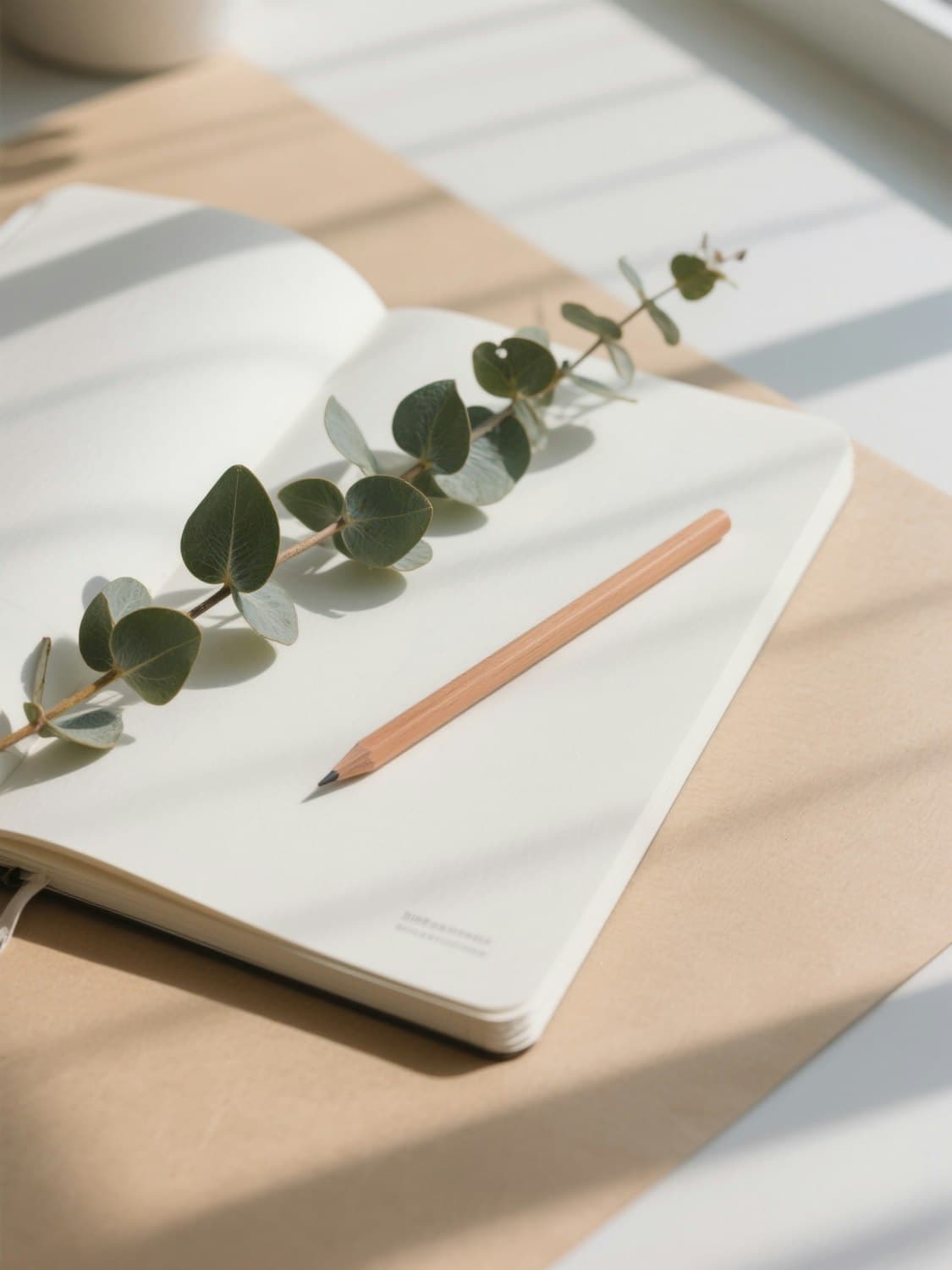 Carnet ouvert et branche d’eucalyptus