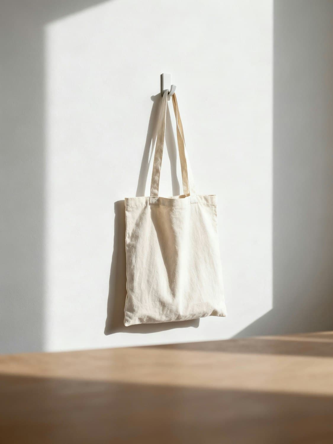 Sac en coton écru suspendu à une patère