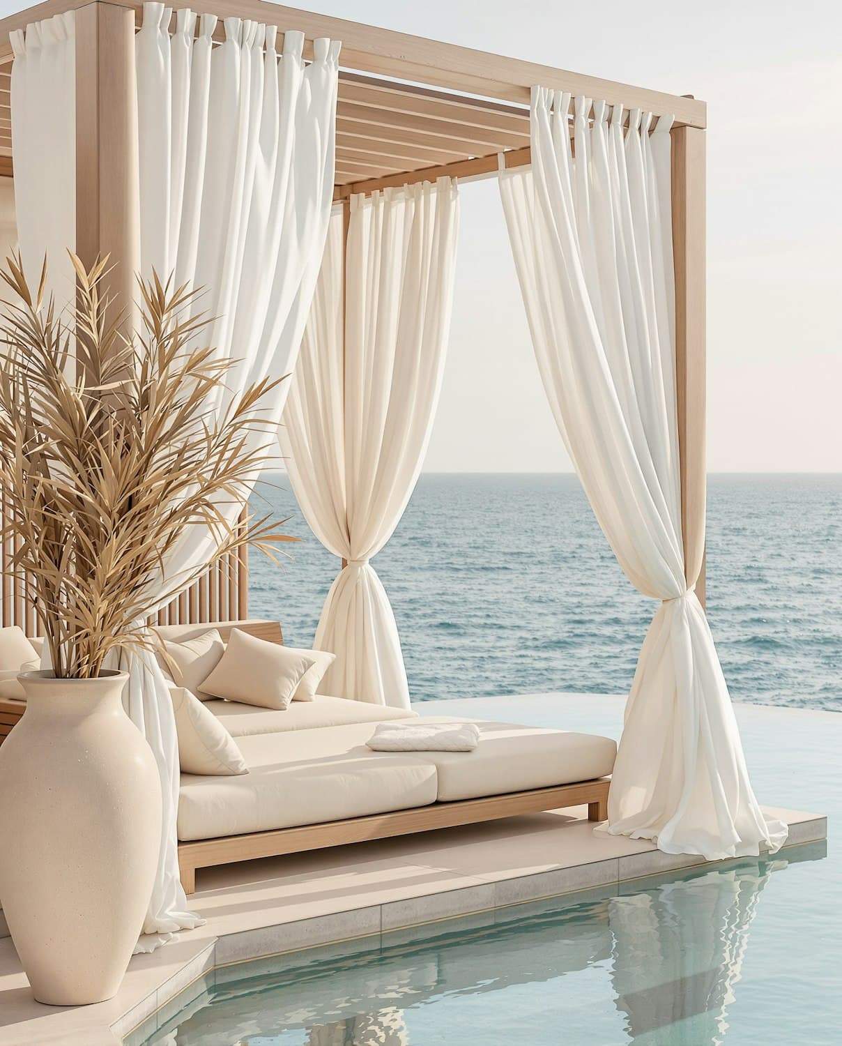 Bed sous voilage face au bassin