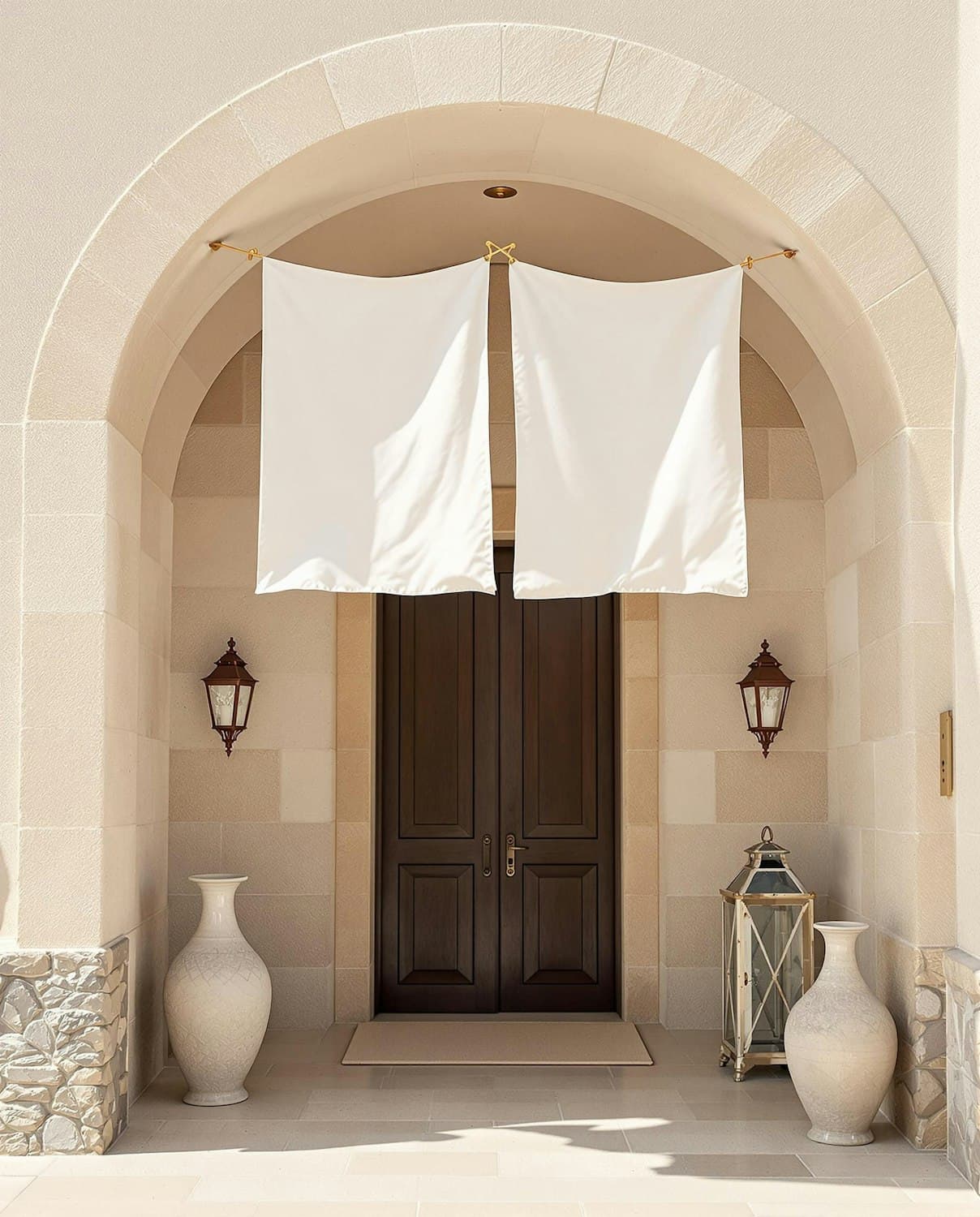 Entrée sous arche avec portes de bois