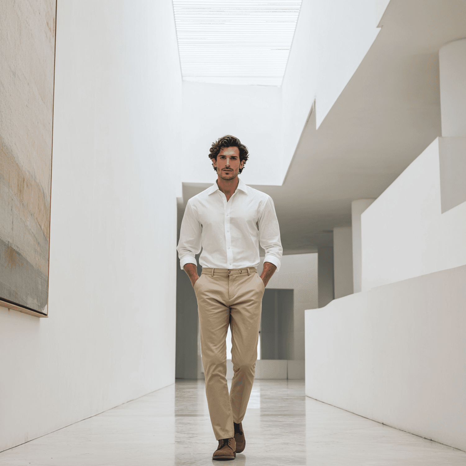 Membre du staff traversant un couloir clair