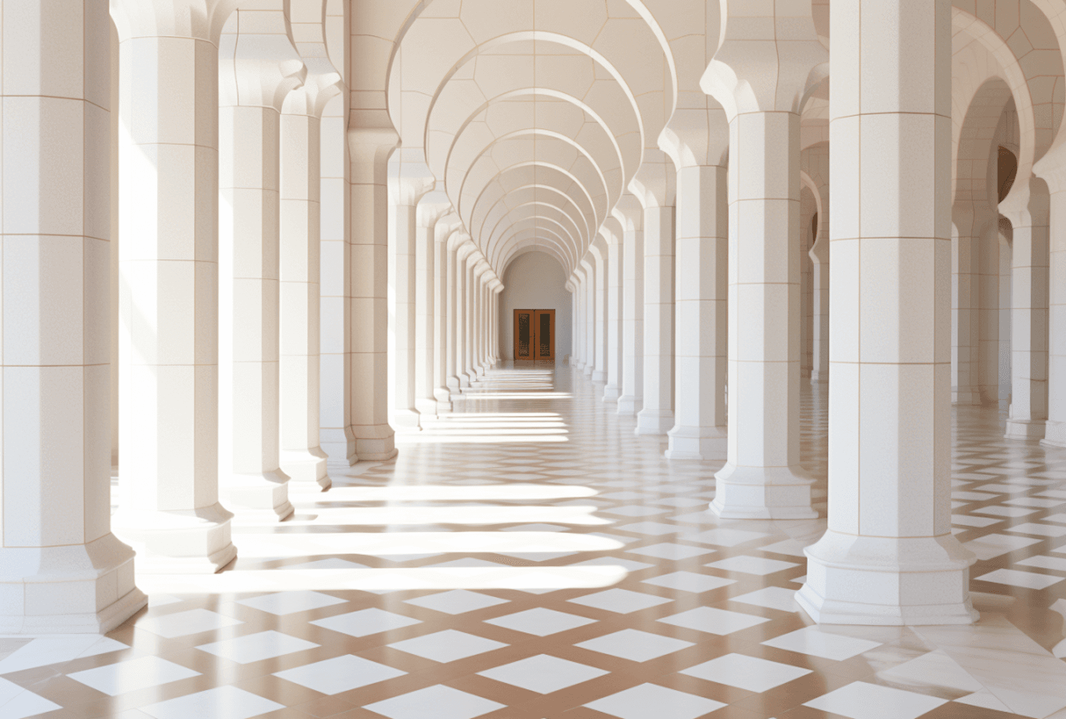 Galerie à arcades et ombres portées dans le patio du resort