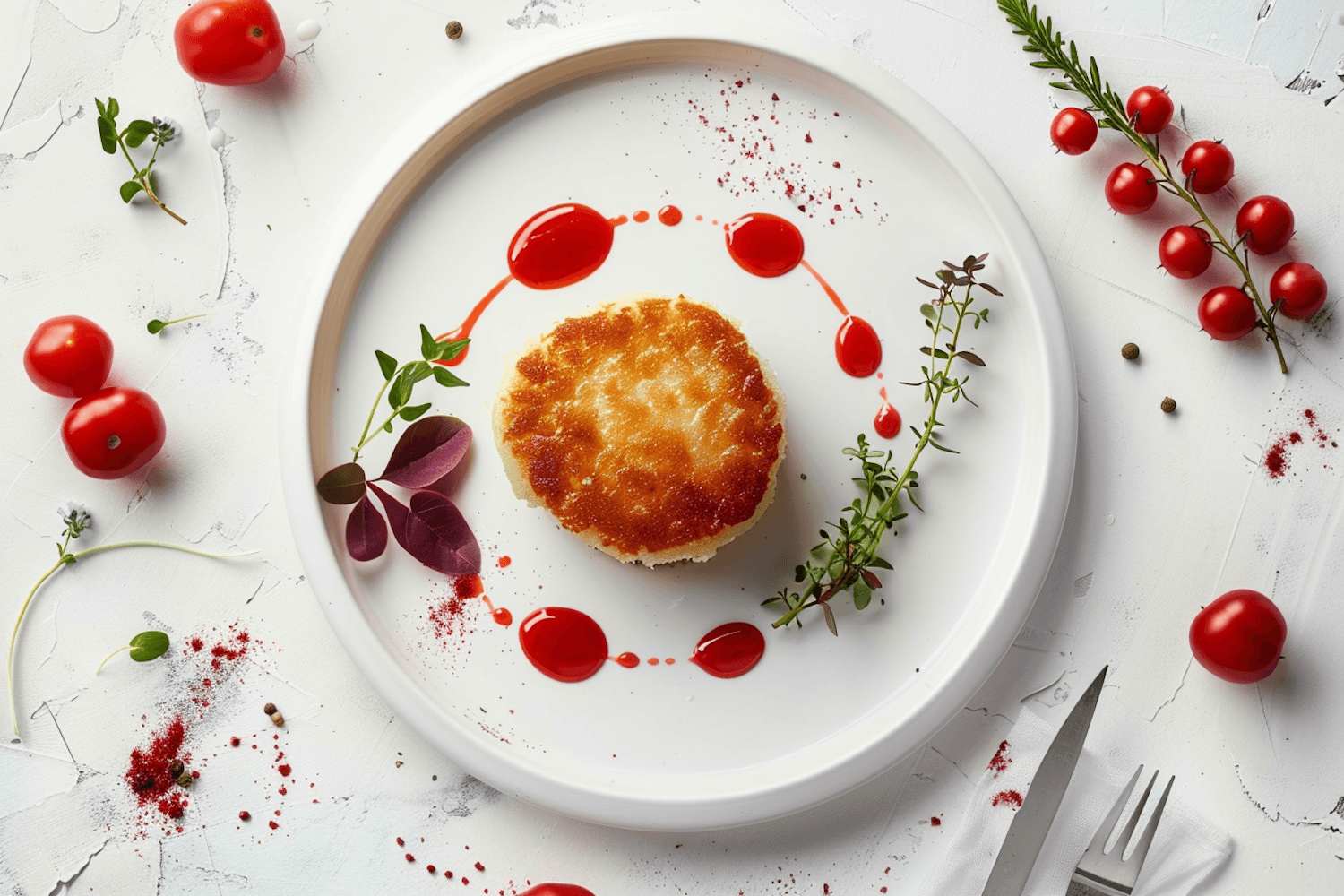 Assiette dressée du restaurant, plan serré sur la matière